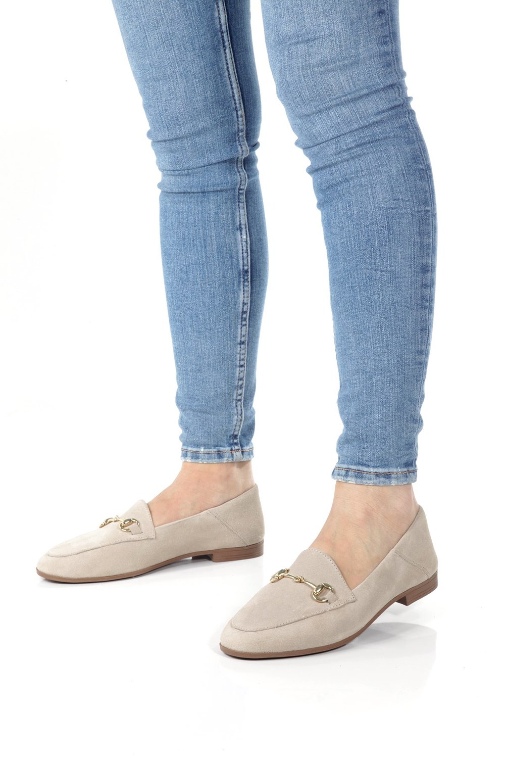 Kadın Bej Süet Hakiki Deri Yuvarlak Burunlu Tokalı Günlük Babet Un001-043