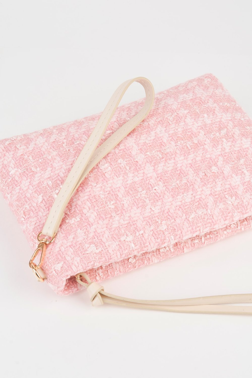 Kadın Bellis Tweed Kumaş Pembe Astarlı Suni Deri Bilek Askılı Portföy El Ve Clutch Çanta