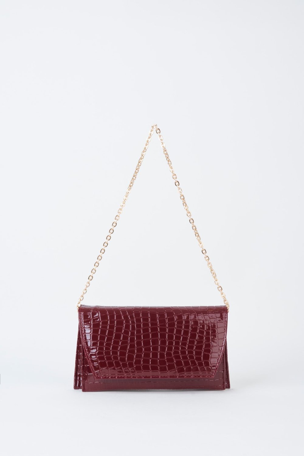 Kadın Croco Bordo Zarf Tasarım 2 Bölmeli Mini Zincir Askılı Çıt Çıt Kapama Clutch Ve El Çantası