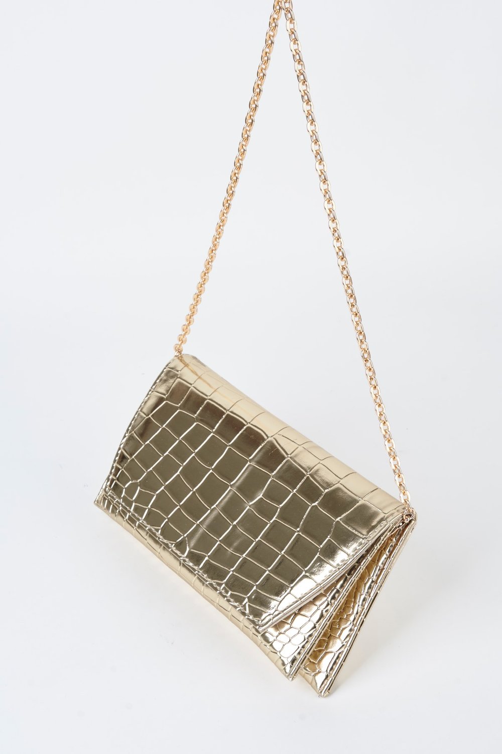 Kadın Croco Gold Zarf Tasarım 2 Bölmeli Mini Zincir Askılı Çıt Çıt Kapama Clutch Ve El Çantası