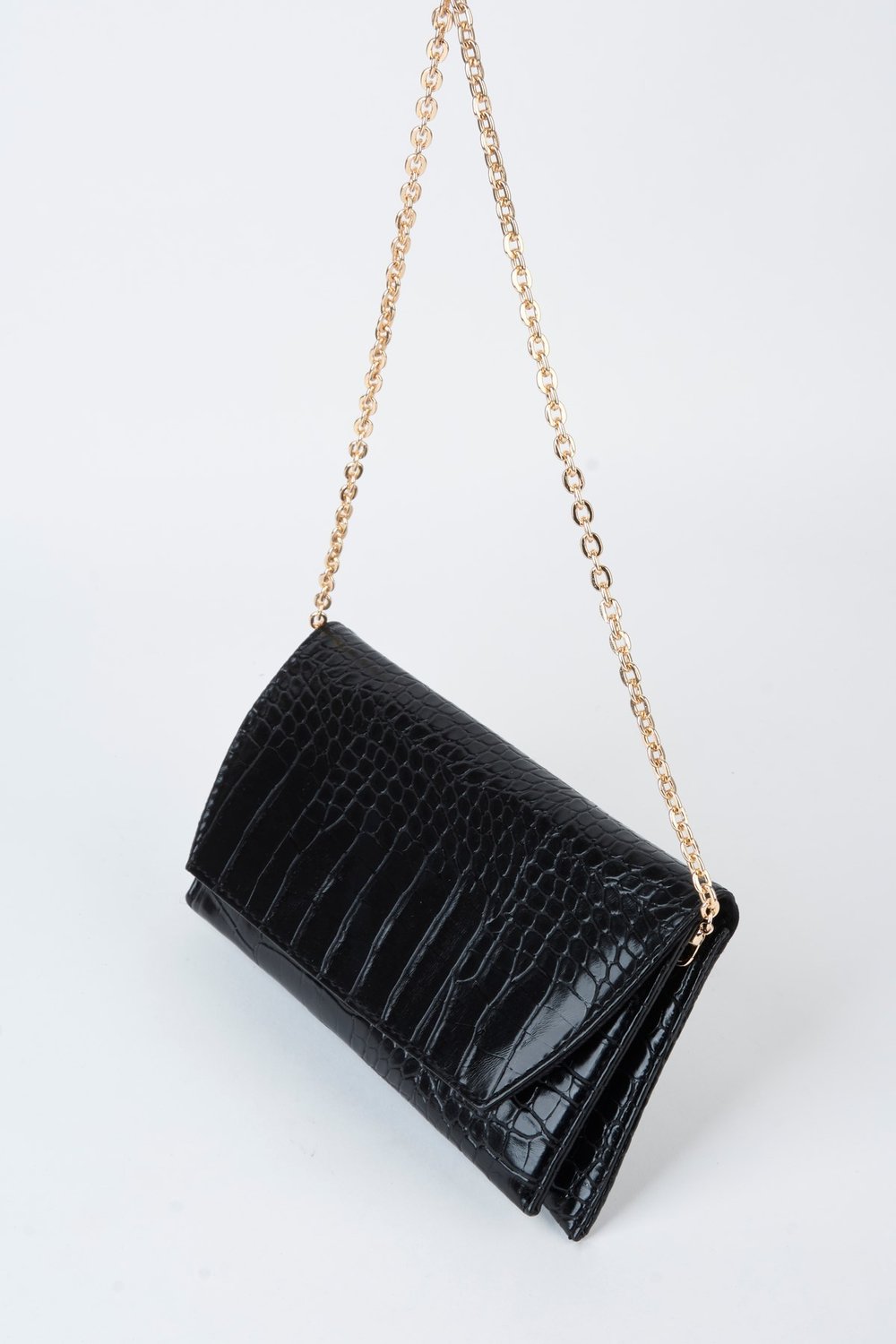 Kadın Croco Siyah Zarf Tasarım 2 Bölmeli Mini Zincir Askılı Çıt Çıt Kapama Clutch Ve El Çantası