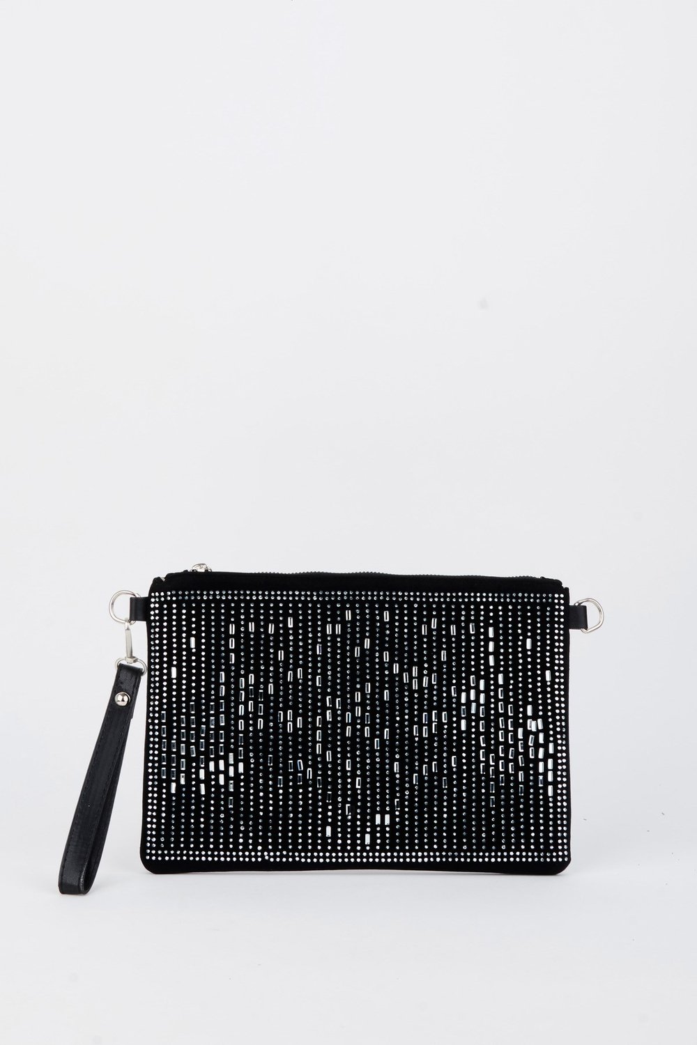 Kadın Dikey Gümüş Taşlı Süet Bilek Askılı Ve Zincir Askılı Portföy El Ve Clutch Çanta