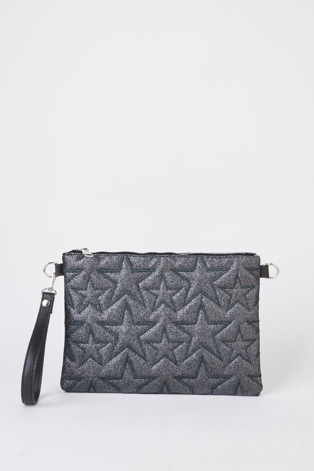 Kadın Füme Simli Yıldız Nakışlı Suni Deri Bilek Ve Zincir Askılı Portföy El Ve Clutch Çanta