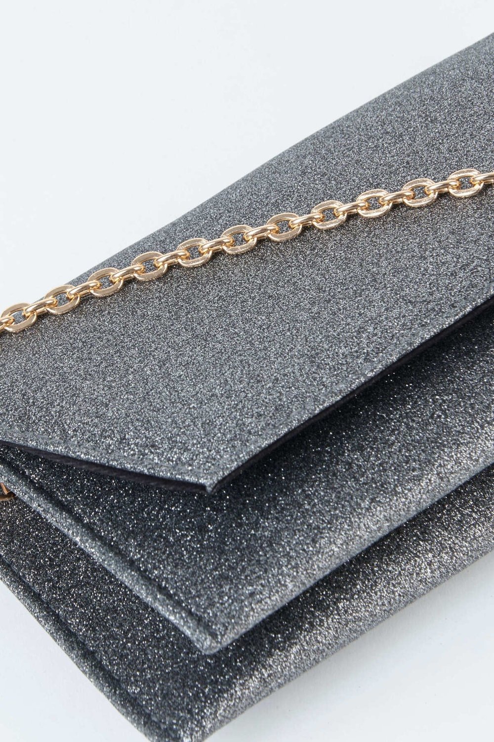 Kadın Gri Simli Zarf Tasarım 2 Bölmeli Mini Zincir Askılı Çıt Çıt Kapama Clutch Ve El Çantası