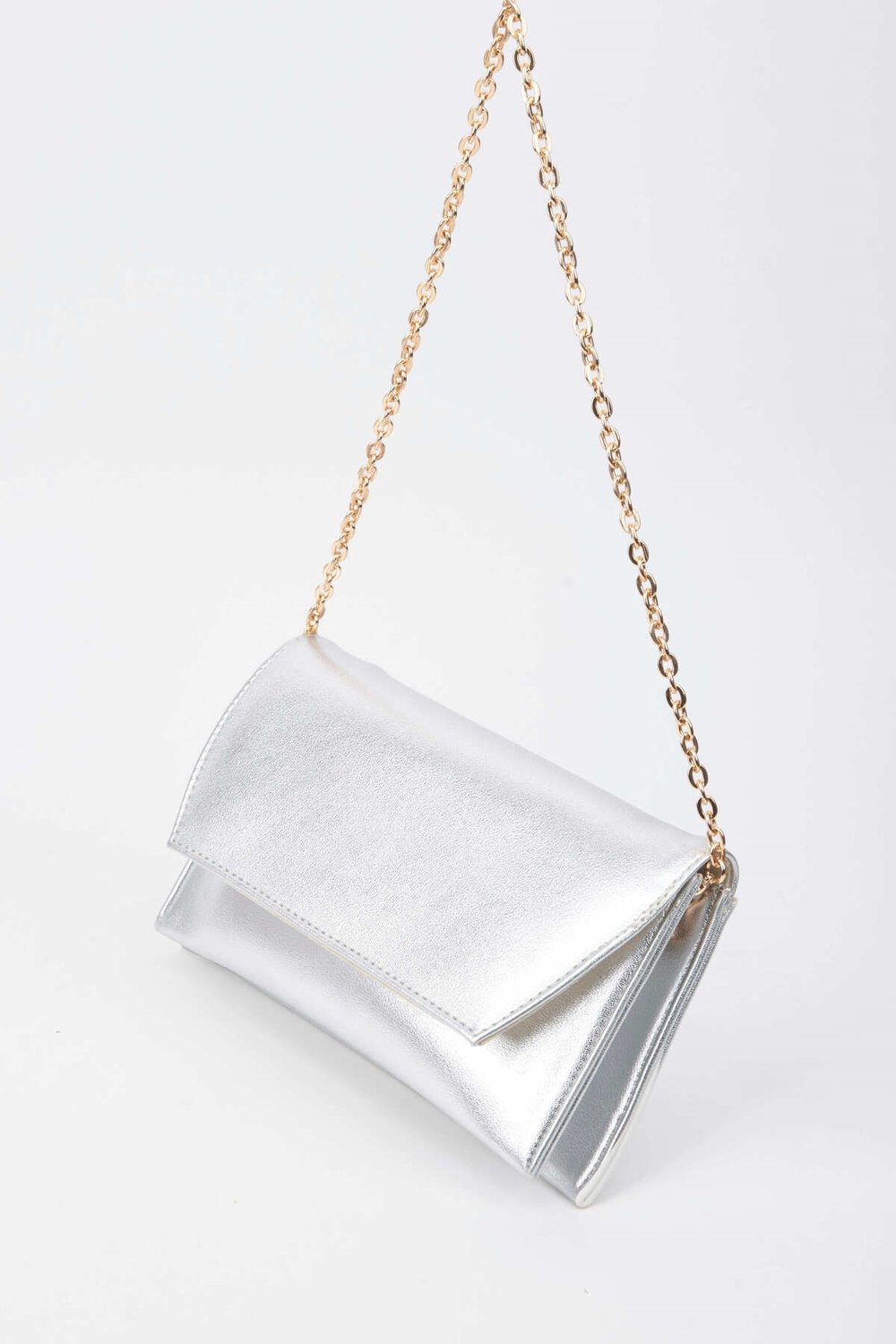 Kadın Gümüş Rugan Zarf Tasarım 2 Bölmeli Mini Zincir Askılı Çıt Çıt Kapama Clutch Ve El Çantası