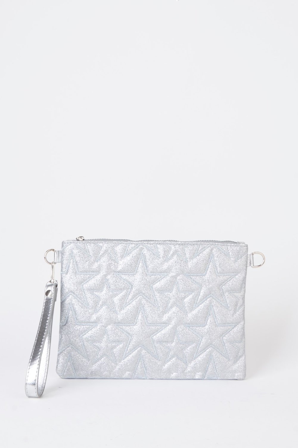 Kadın Gümüş Simli Yıldız Nakışlı Suni Deri Bilek Ve Zincir Askılı Portföy El Ve Clutch Çanta
