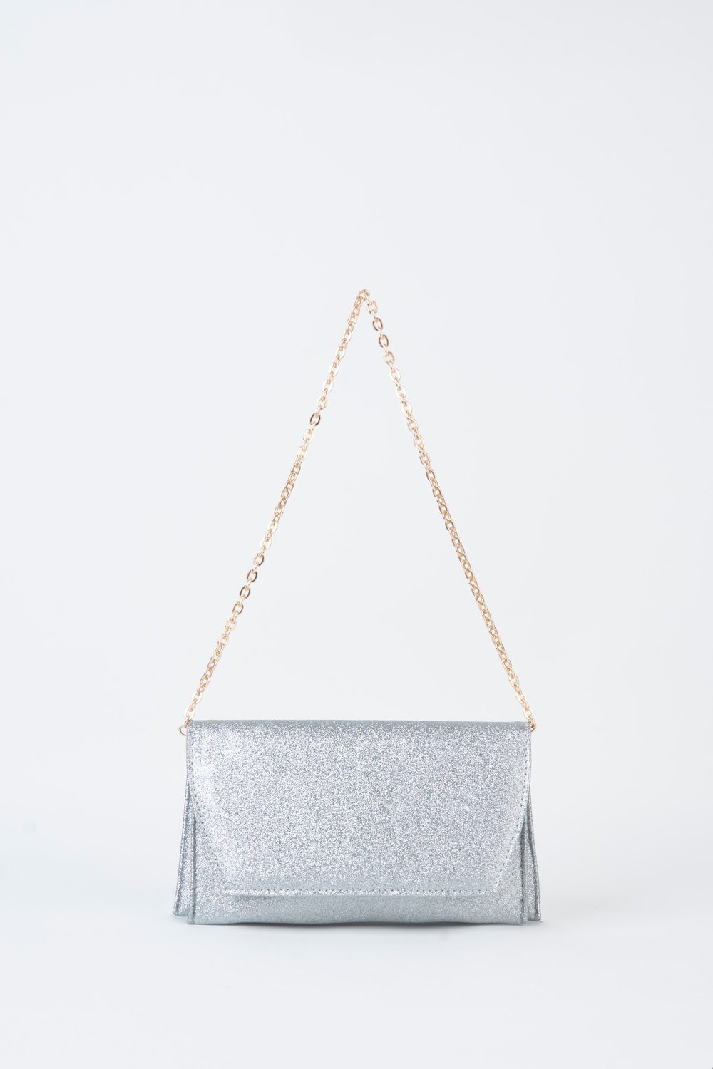 Kadın Gümüş Simli Zarf Tasarım 2 Bölmeli Mini Zincir Askılı Çıt Çıt Kapama Clutch Ve El Çantası