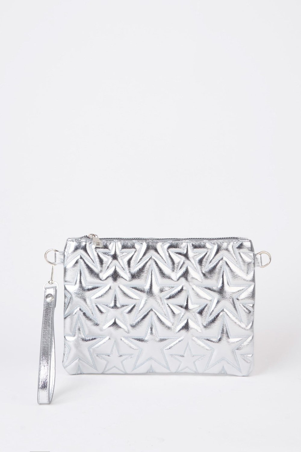 Kadın Gümüş Yıldız Nakışlı Rugan Deri Bilek Ve Zincir Askılı Portföy El Ve Clutch Çanta