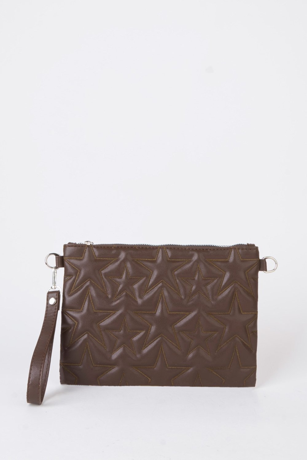 Kadın Kahverengi Yıldız Nakışlı Suni Deri Bilek Ve Zincir Askılı Portföy El Ve Clutch Çanta