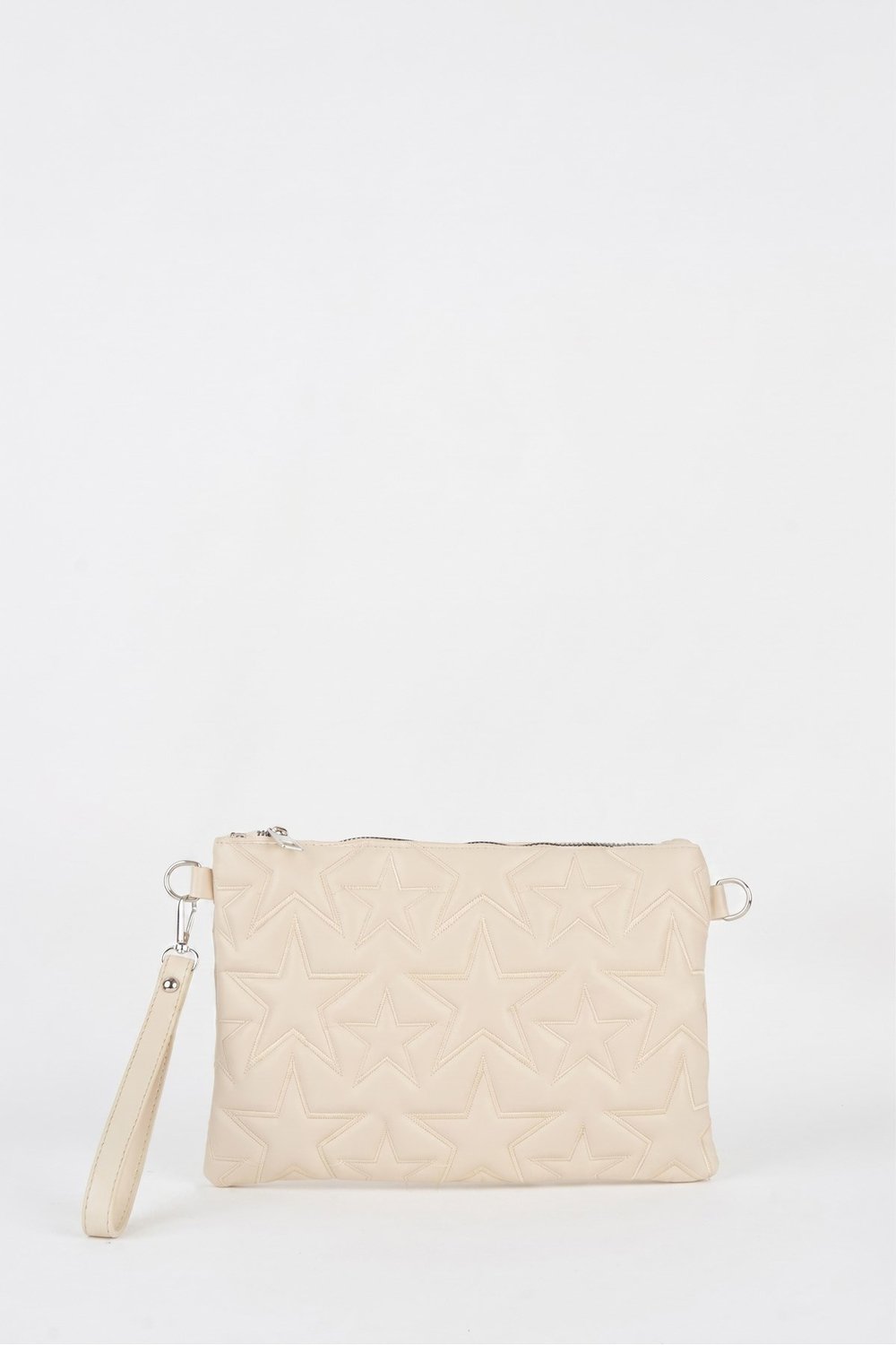 Kadın Krem Yıldız Nakışlı Suni Deri Bilek Ve Zincir Askılı Portföy El Ve Clutch Çanta