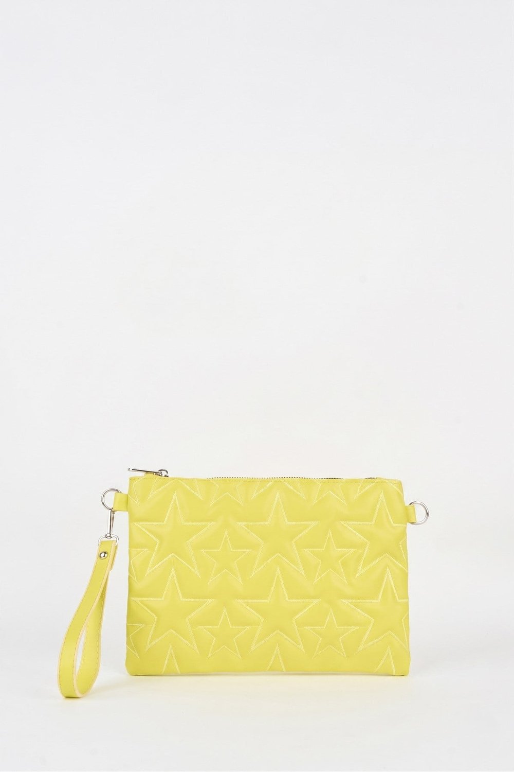 Kadın Neon Sarı Yıldız Nakışlı Suni Deri Bilek Ve Zincir Askılı Portföy El Ve Clutch Çanta