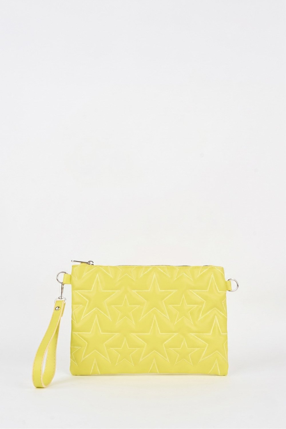 Kadın Neon Sarı Yıldız Nakışlı Suni Deri Bilek Ve Zincir Askılı Portföy El Ve Clutch Çanta