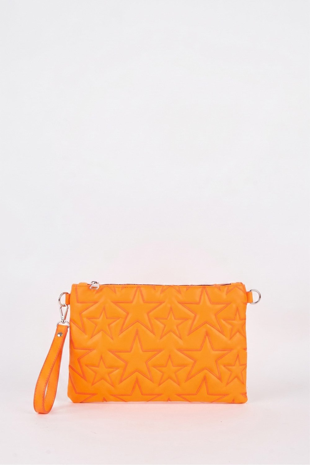 Kadın Neon Turuncu Yıldız Nakışlı Suni Deri Bilek Ve Zincir Askılı Portföy El Ve Clutch Çanta