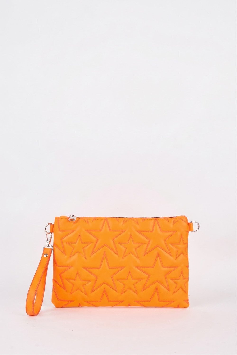 Kadın Neon Turuncu Yıldız Nakışlı Suni Deri Bilek Ve Zincir Askılı Portföy El Ve Clutch Çanta