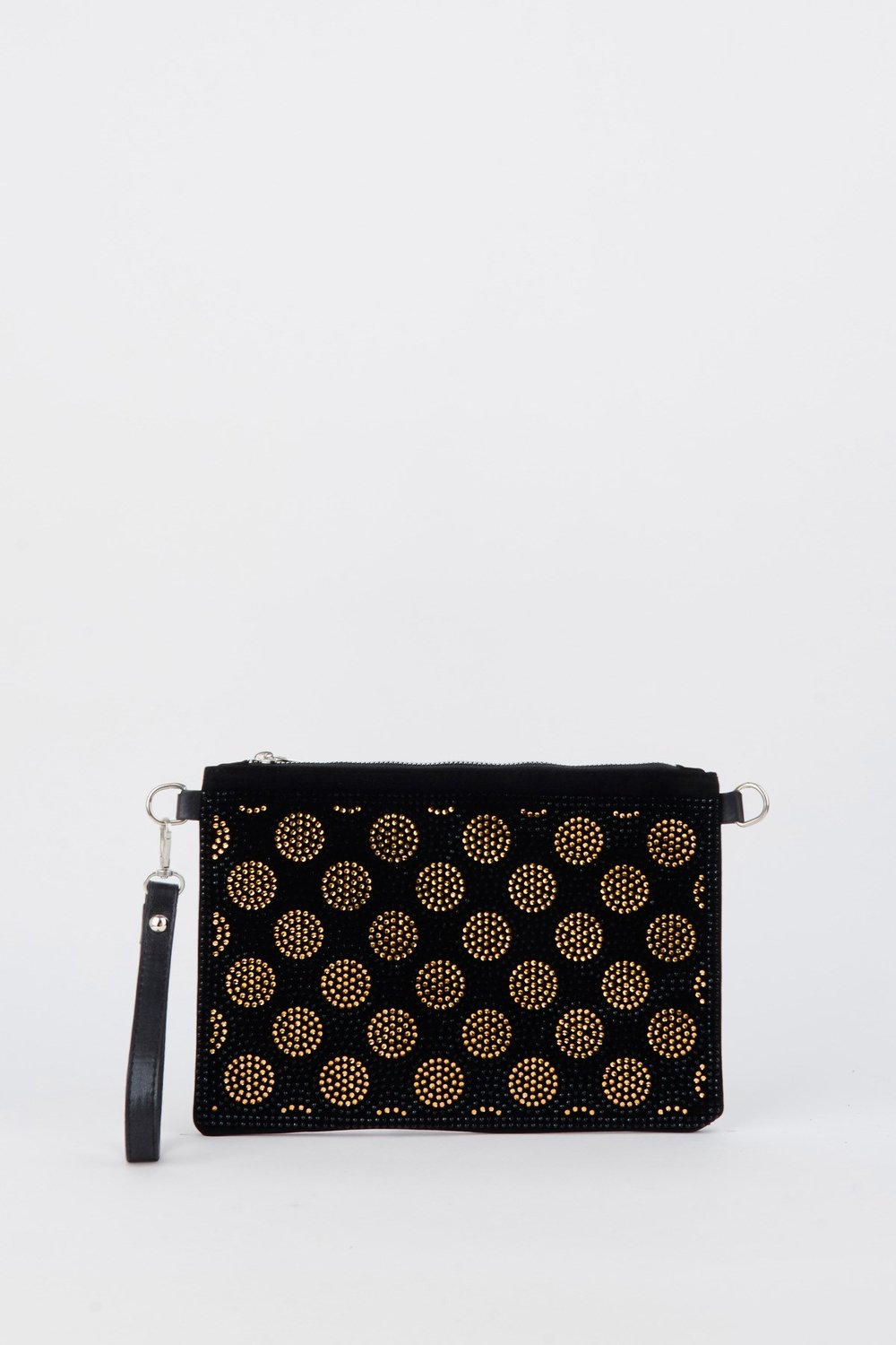 Kadın Puantiyeli Altın Taşlı Süet Bilek Askılı Ve Zincir Askılı Portföy El Ve Clutch Çanta