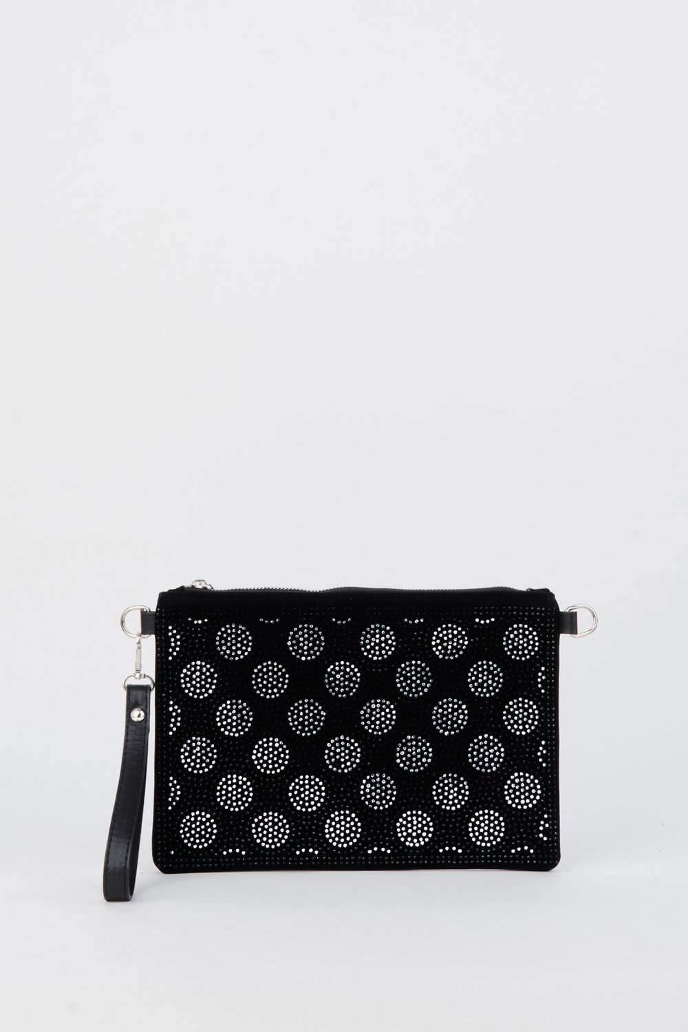 Kadın Puantiyeli Gümüş Taşlı Süet Bilek Askılı Ve Zincir Askılı Portföy Ve Clutch Çanta