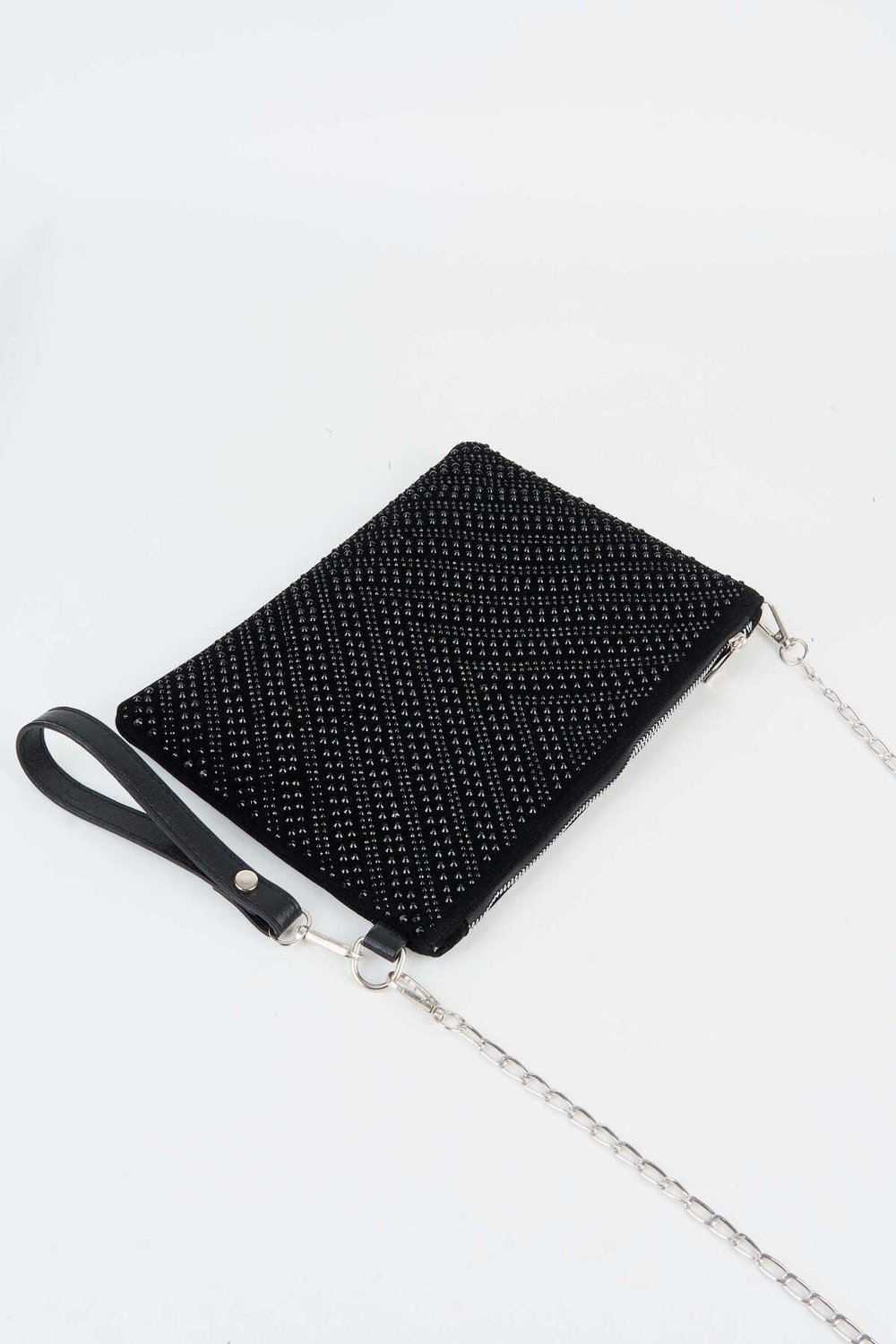 Kadın V Desen Siyah Taşlı Süet Bilek Askılı Ve Zincir Askılı Portföy El Ve Clutch Çanta