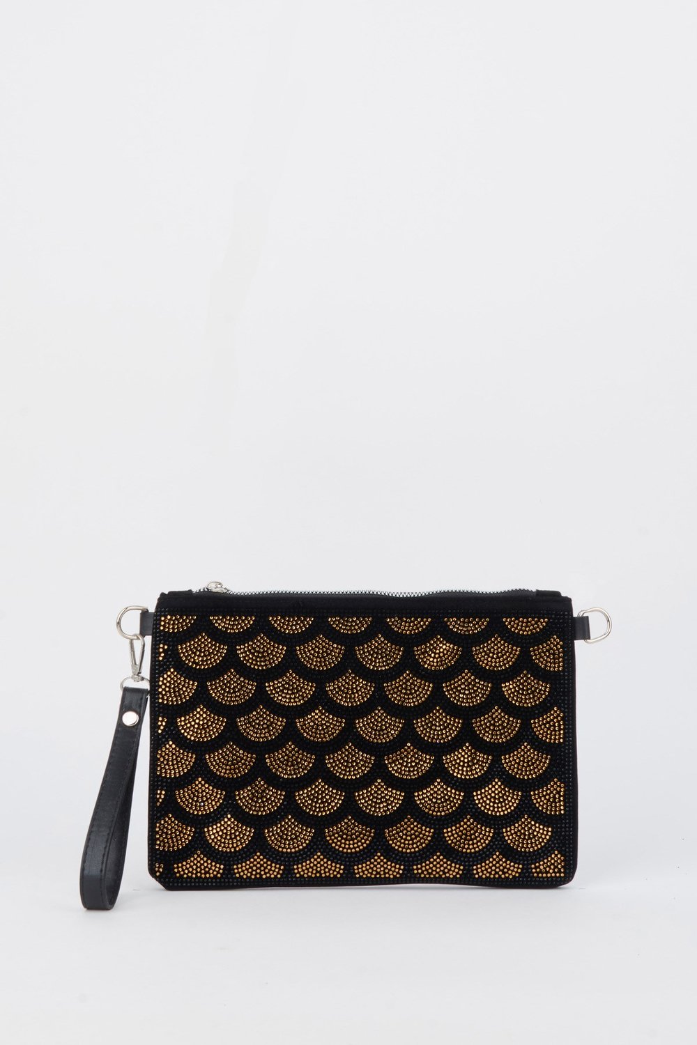 Kadın Yelpazer Altın Taşlı Süet Bilek Askılı Ve Zincir Askılı Portföy El Ve Clutch Çanta