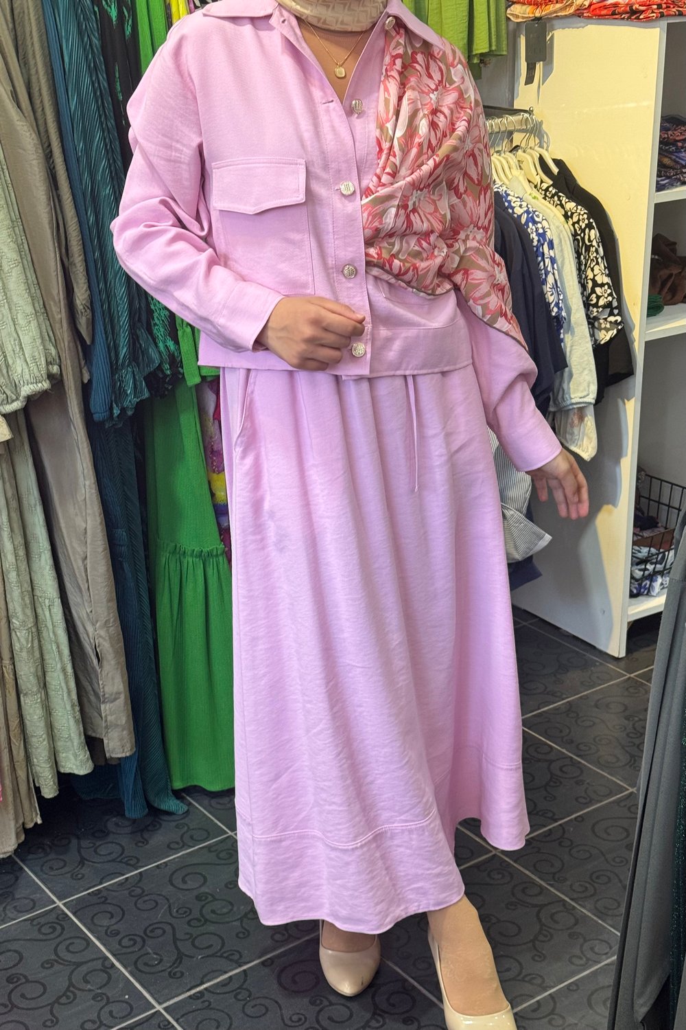 Keten Kısa Trench Etekli Takım PEMBE