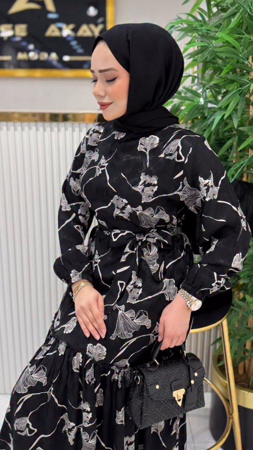 Pamuk Saten Desenli Elbise SİYAH
