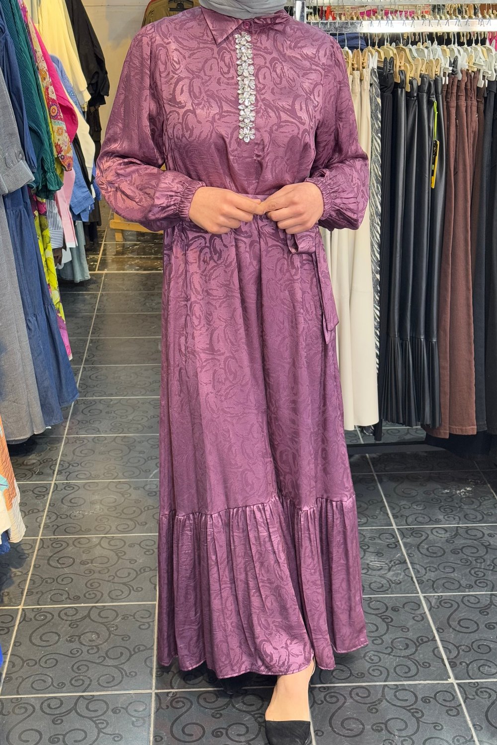 Taşlı Jakarlı Elbise MOR