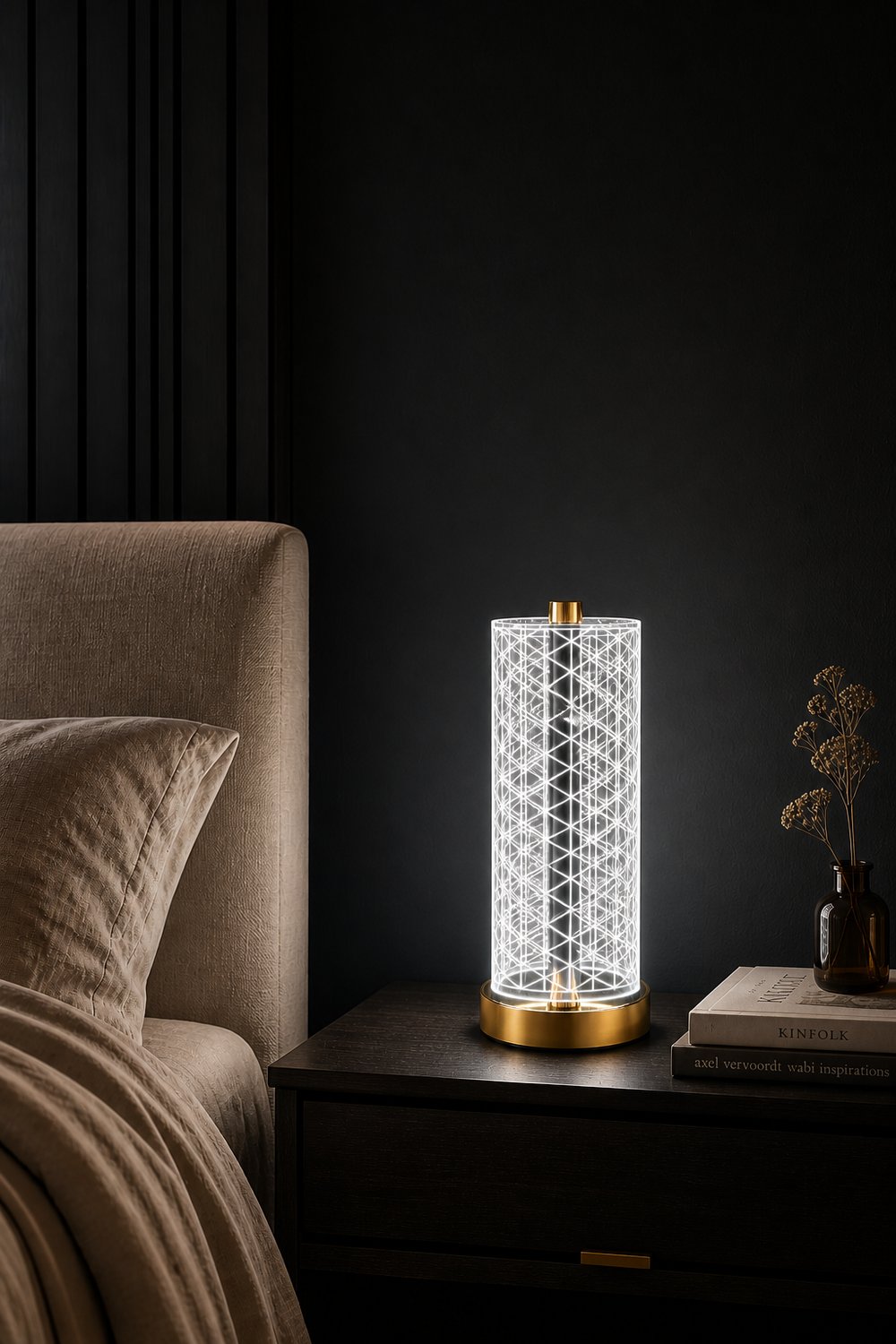 Geometrik Desenli Silindir LED Masa Lambası – 3 Işık Modlu Modern Abajur