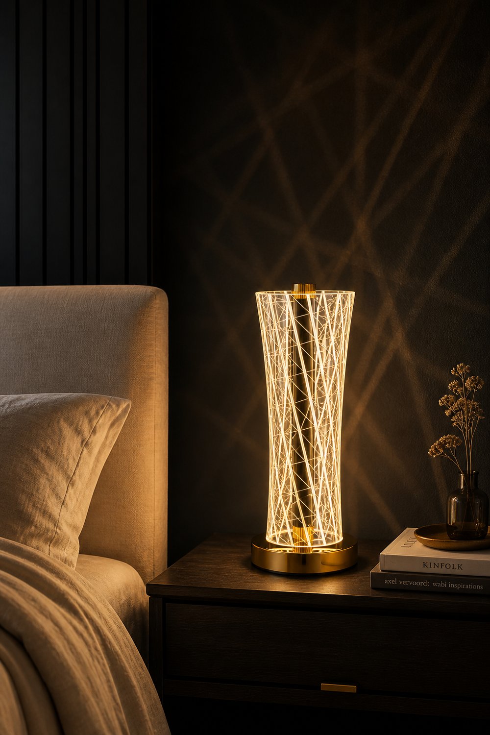 Konik Form Çizgili LED Masa Lambası – 3 Işık Modlu Modern Dekoratif Abajur
