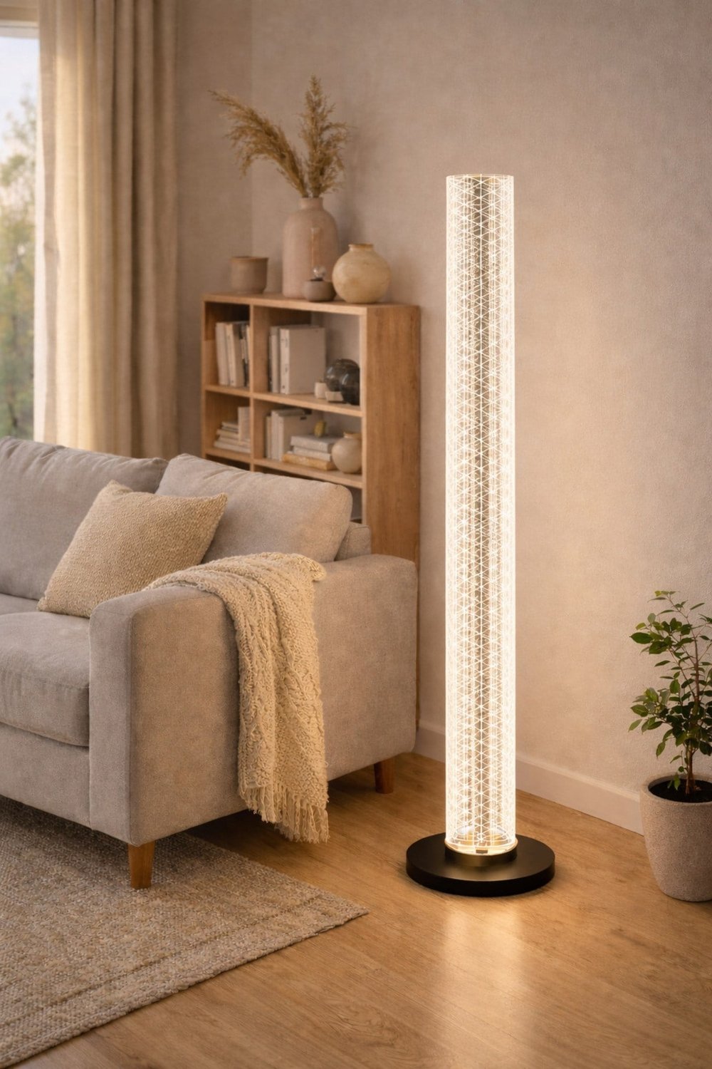 LED Lambader 3 Işık Modlu 126 cm Modern Ayaklı Lamba Kristal Gövdeli Geometrik Desenli Salon Lambası