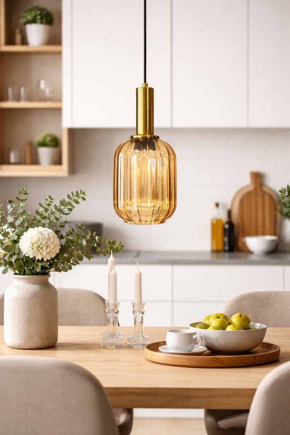 Modern Amber Cam Tekli Sarkıt Avize Gold Metal Gövdeli Dekoratif Mutfak & Salon Avizesi