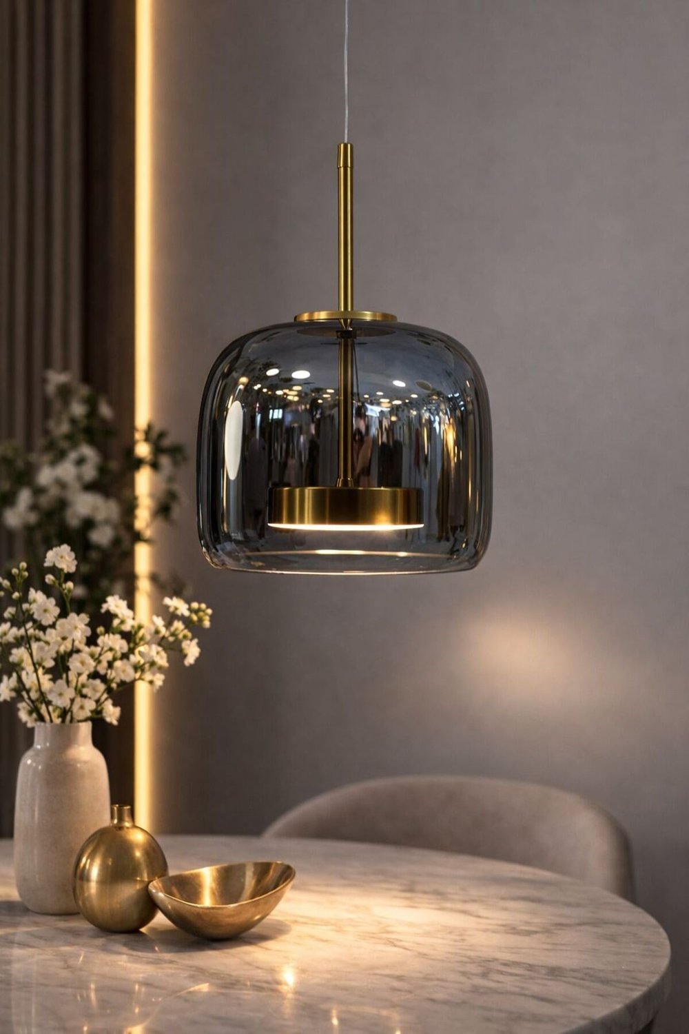 Modern Füme Cam Sarkıt Avize – Gold Detaylı Tekli Led Cam Avize | Mutfak & Salon Aydınlatma