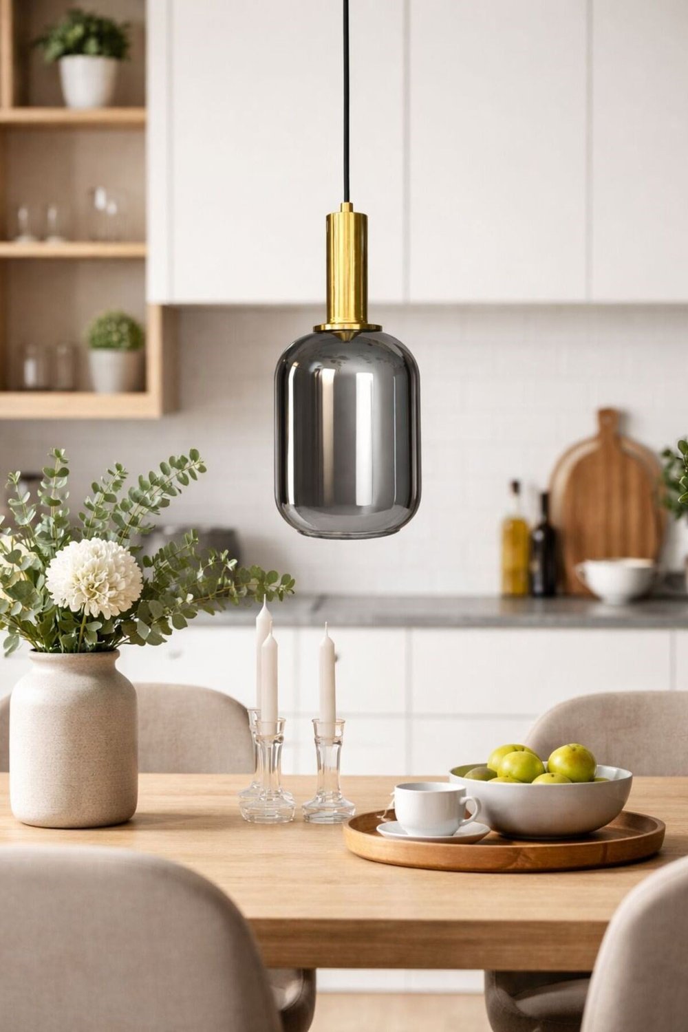 Modern Füme Cam Tekli Sarkıt Avize Gold Metal Gövdeli Dekoratif Mutfak & Salon Avizesi