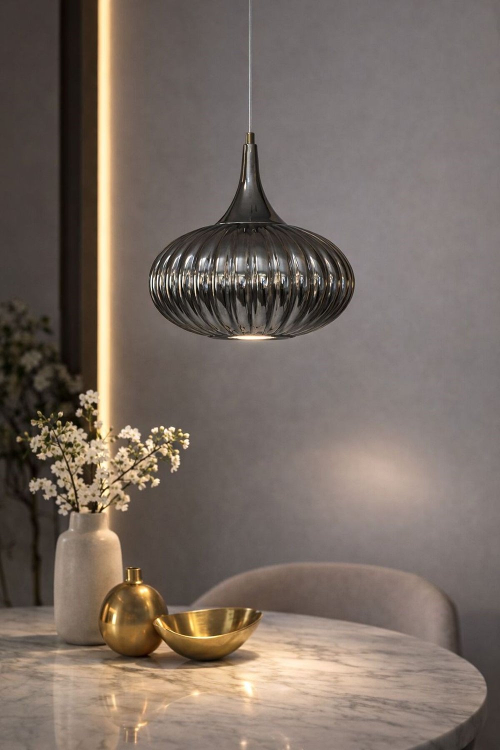 Modern Füme Cam Tekli Sarkıt Avize Metal Gövdeli Dekoratif Mutfak & Salon Avizesi