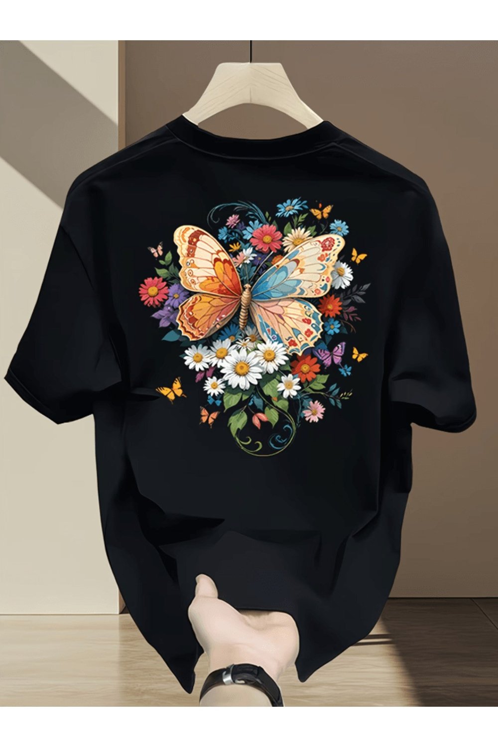 Bay Rengarenk Çiçek Ve Kelebek Baskılı Premium Oversize T-shirt