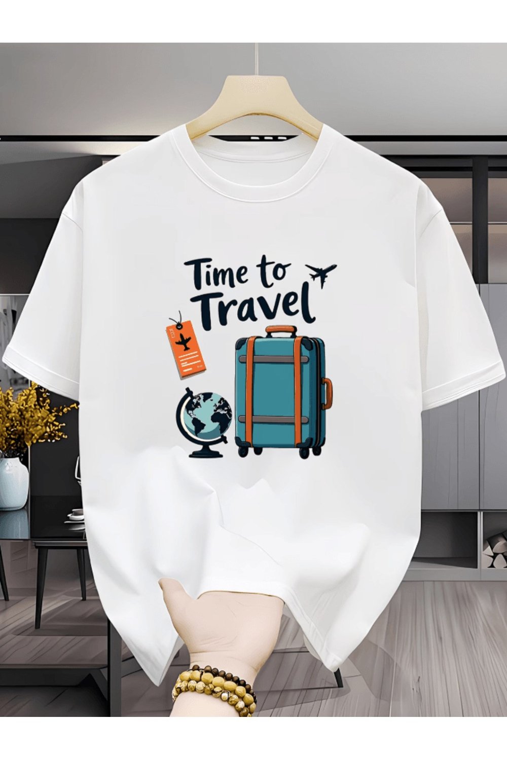 Bay Time To Travel Seyahat Baskılı Premium Oversize T-shirt