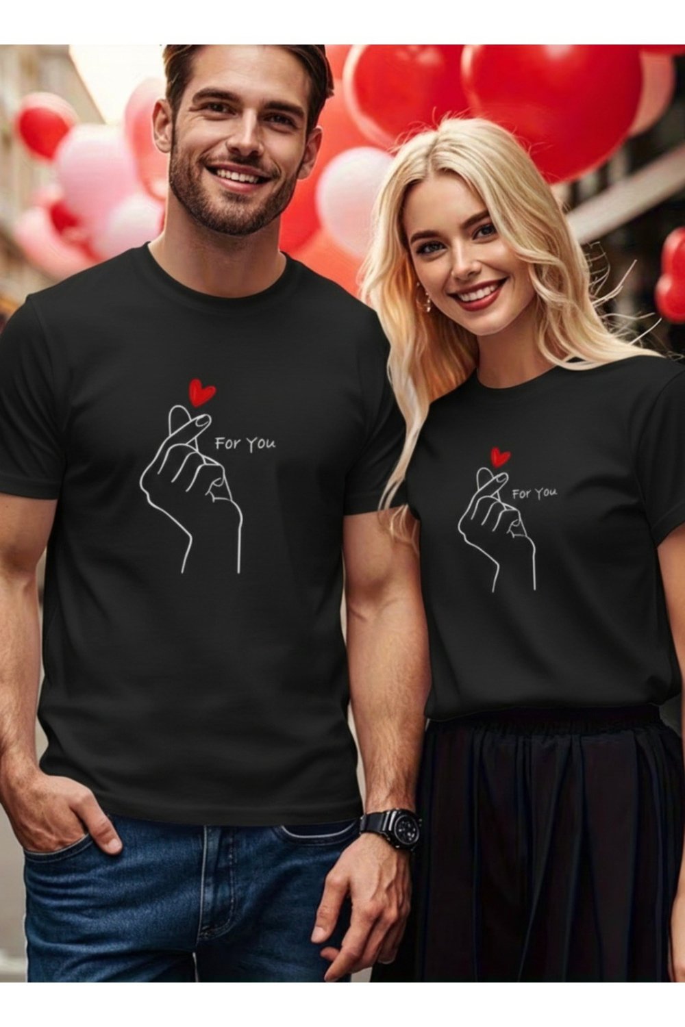 For You Yazılı Kalp Detaylı Eşleşen Çift Sevgili Kombini Basic Regular T-shirt 2'Li %100 Pamuk