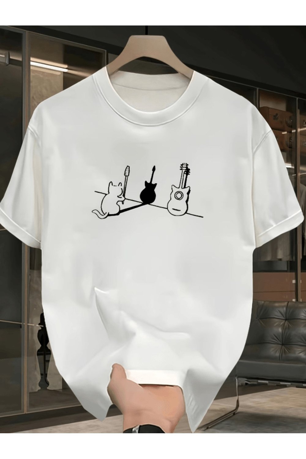 Gitar Bakan Sevimli Kedi Baskılı Premium Oversize T-shirt