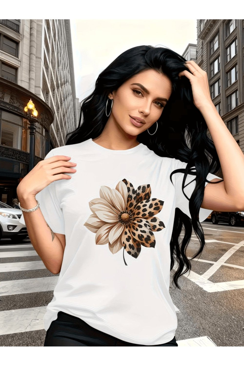 Leopar Çiçek Baskılı Premium Oversize T-shirt