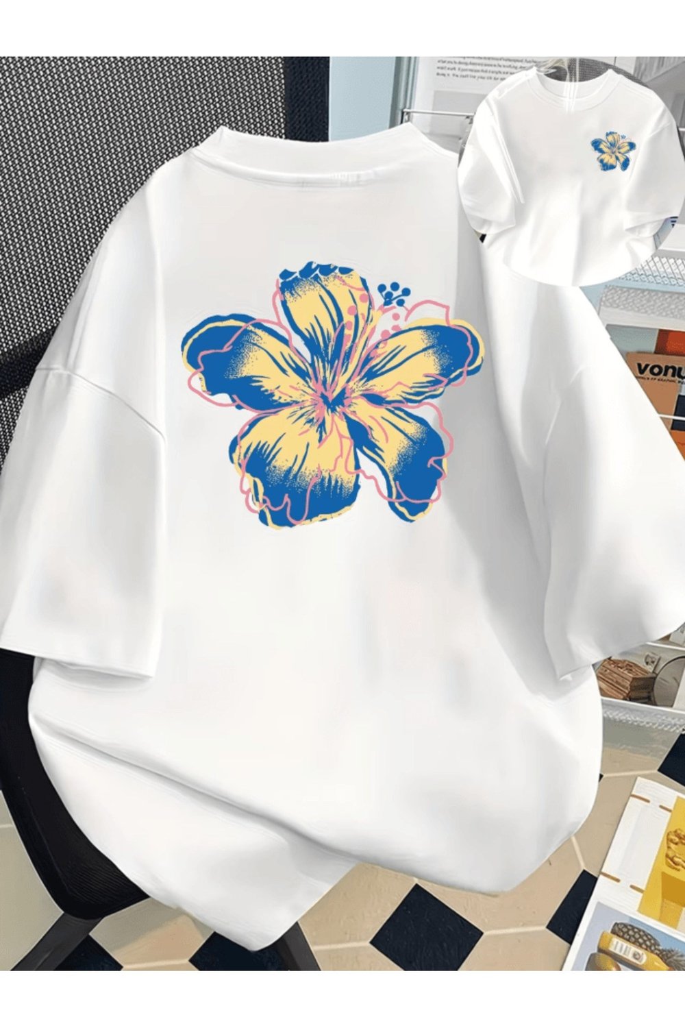 Mavi Çiçek Baskılı Premium Oversize T-shirt