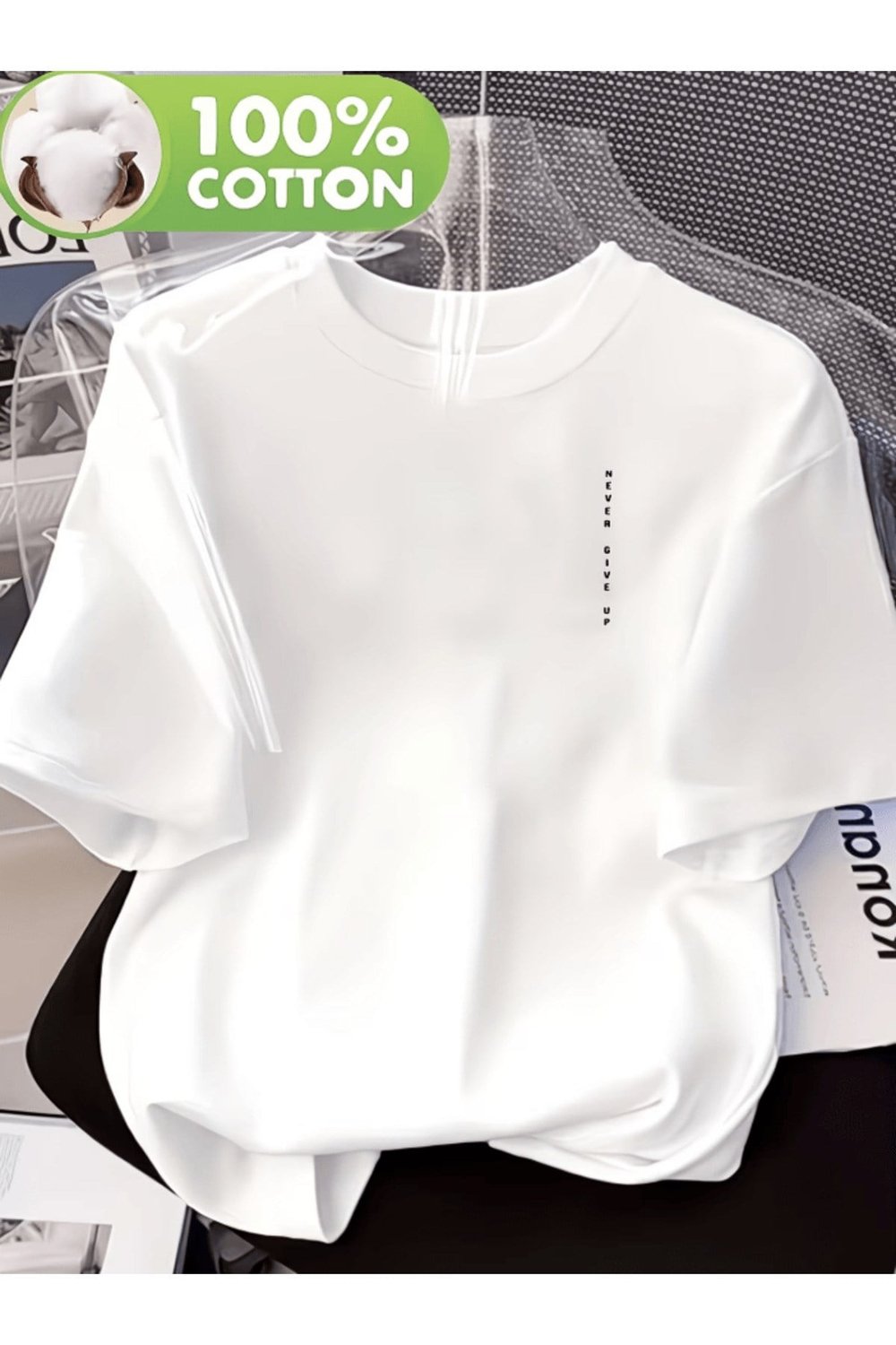 Never Give Up Dikey Hece Baskılı Premium Oversize T-shirt