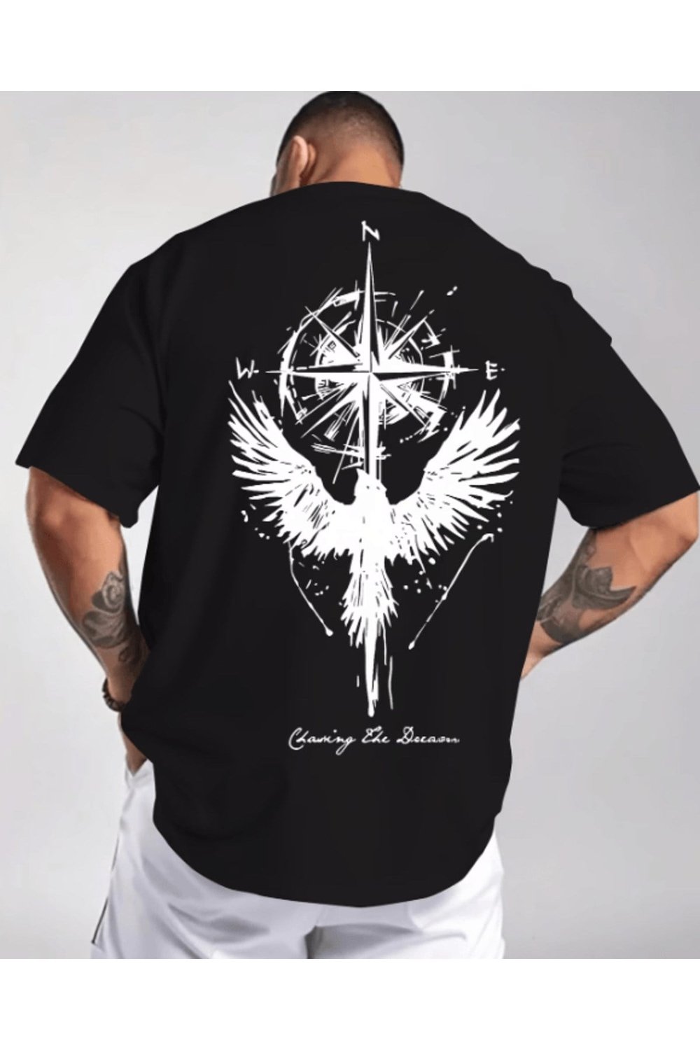 Pusula Ve Kuş Baskılı Premium Oversize T-shirt