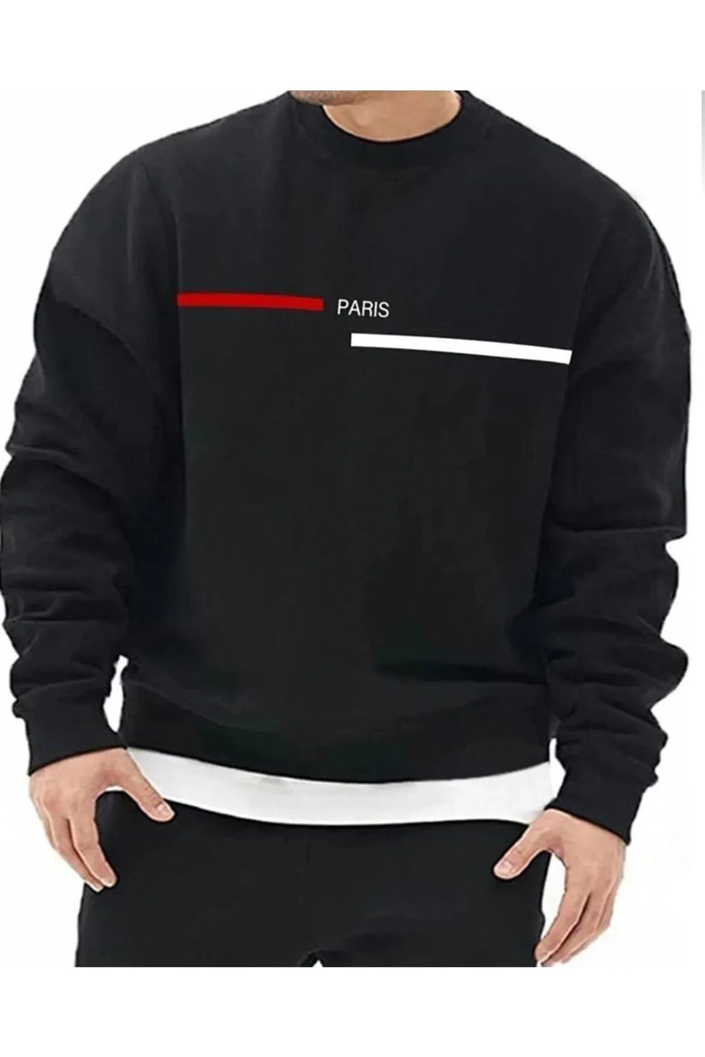 Siyah Oversize Paris Şerit Baskılı Pamuklu Kapşonsuz Bisiklet Yaka Unisex Sweatshirt paris0yaka
