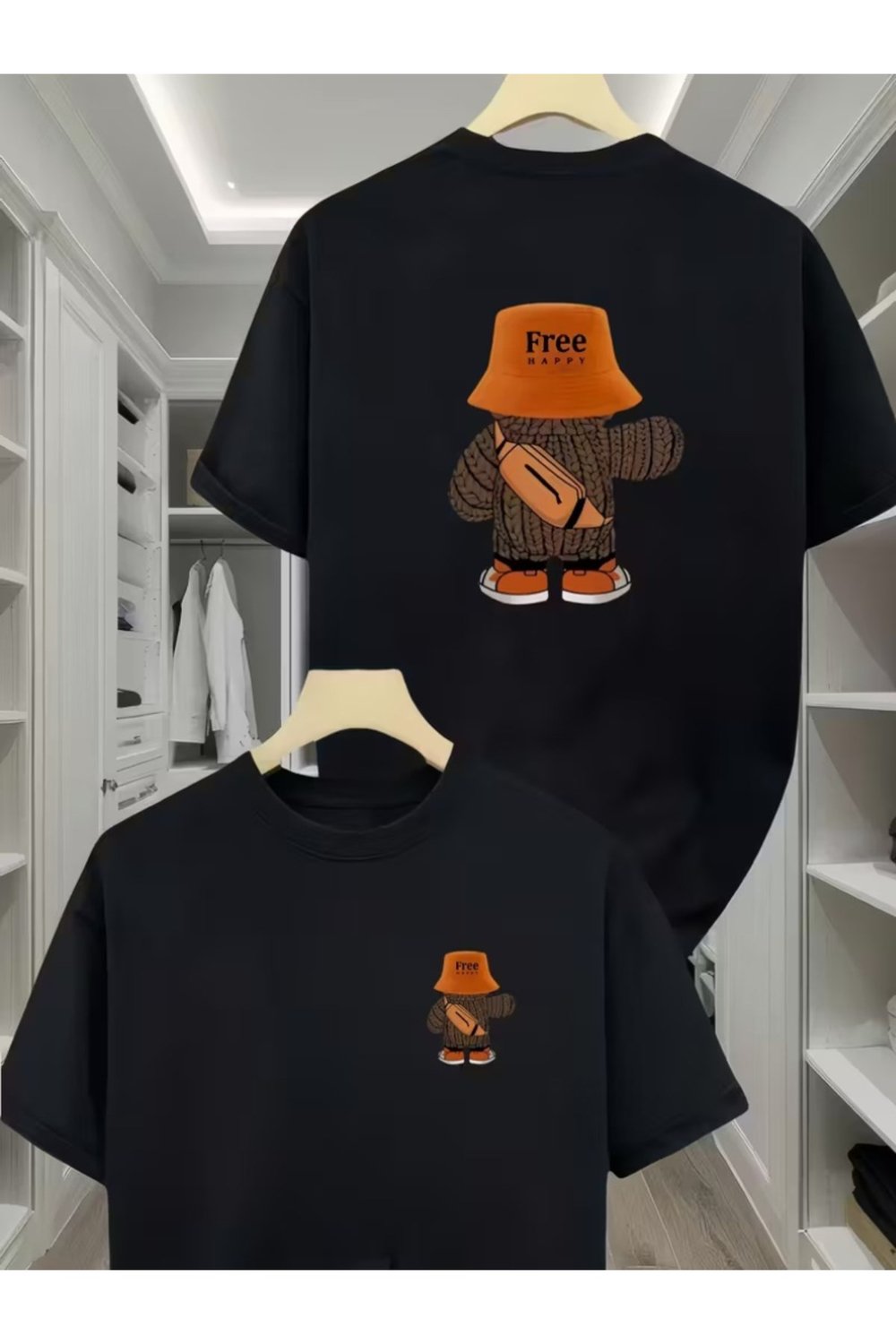 Unisex Free Happy Çift Taraf Karakter Baskılı Basic Bisiklet Yaka Regular T-shirt