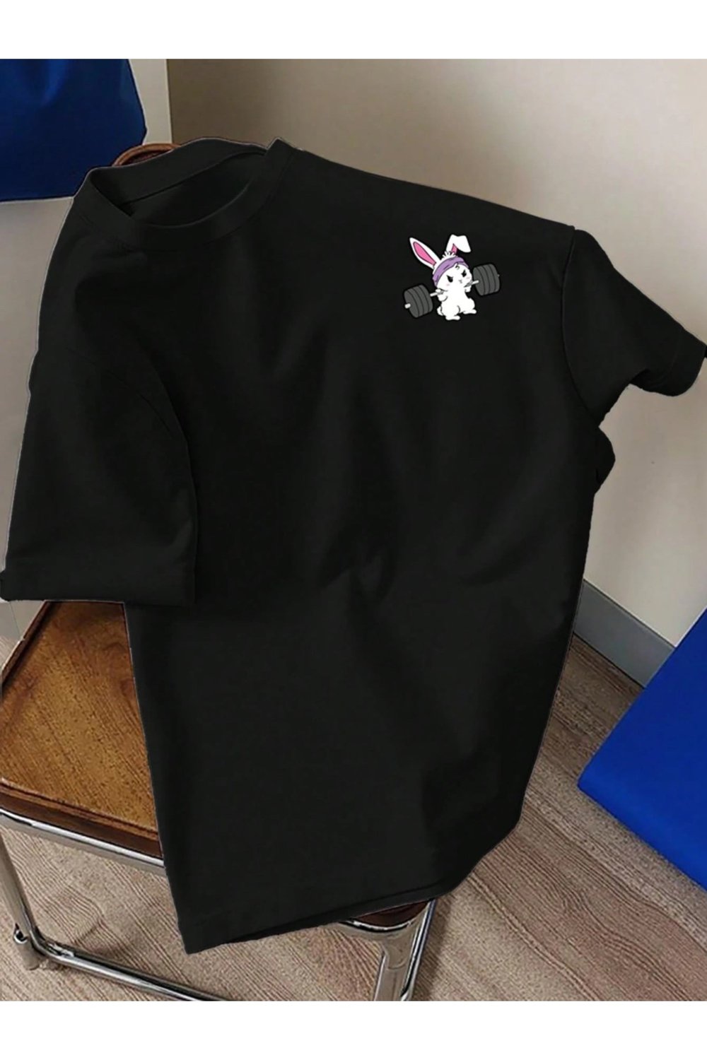 Unisex Sevimli Spor Yapan Tavşan Baskılı Basic Bisiklet Yaka Regular T-shirt %100 Pamuk