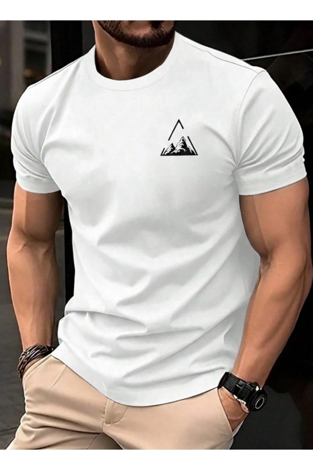 Unisex Üçgen Dağ Göğüs Tasarımlı Basic Bisiklet Yaka Regular T-shirt %100 Pamuk