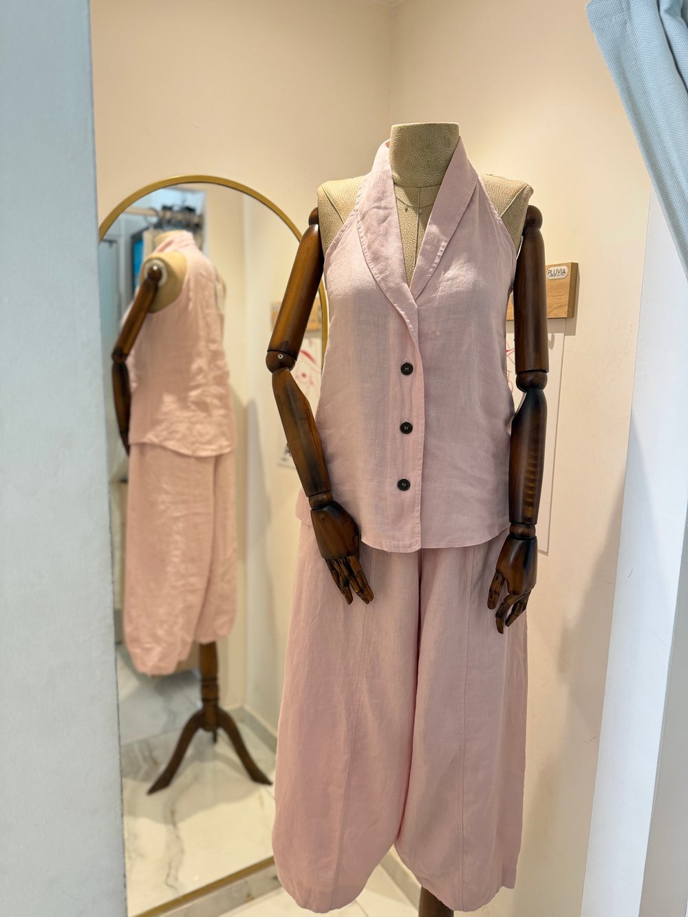 %100 Keten Yelek Pantolon Takım - Pembe