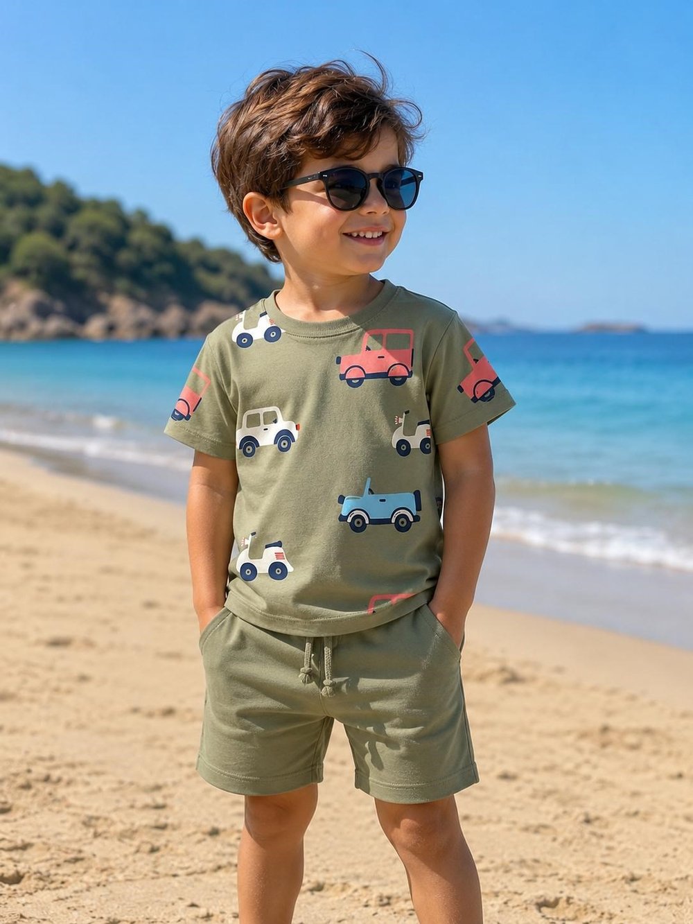 Erkek Çocuk Haki Araba Baskılı T-shirt Şort Alt Üst Takım