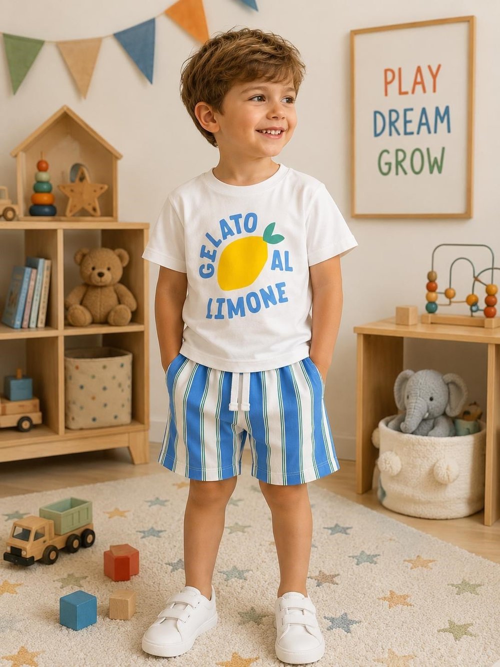 Erkek Çocuk Limon Baskılı T-shirt Çizgili Şort Alt Üst Takım