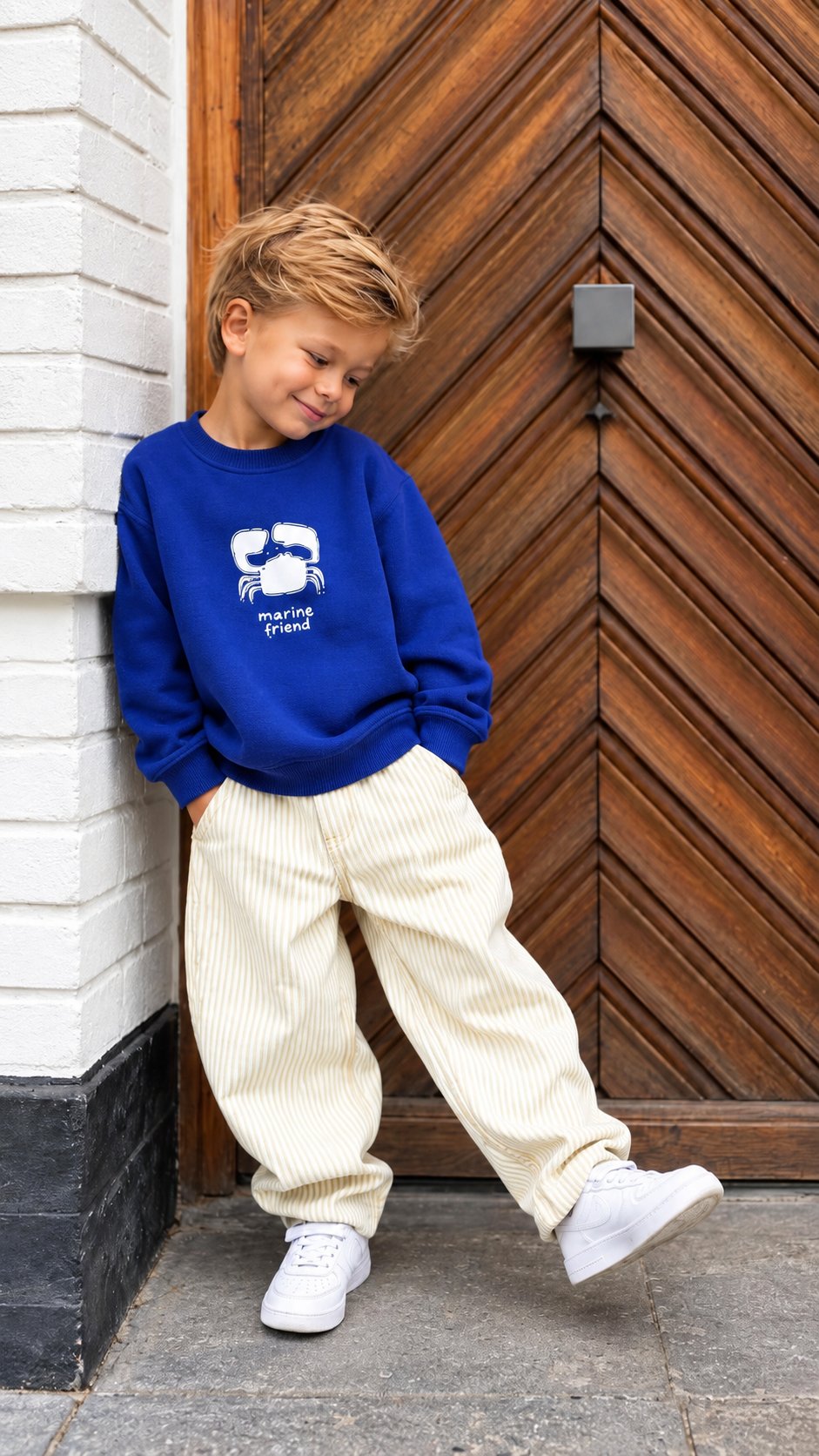 Erkek Çocuk Yengeç Baskılı Sweatshirt Çizgili Gabardin Kot Pantolon Alt Üst Takım