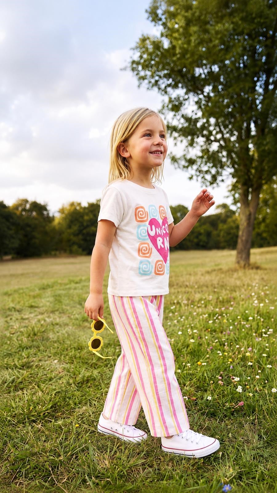 Kız Çocuk Çizgili Pantolon Unicorn Baskılı T-shirt