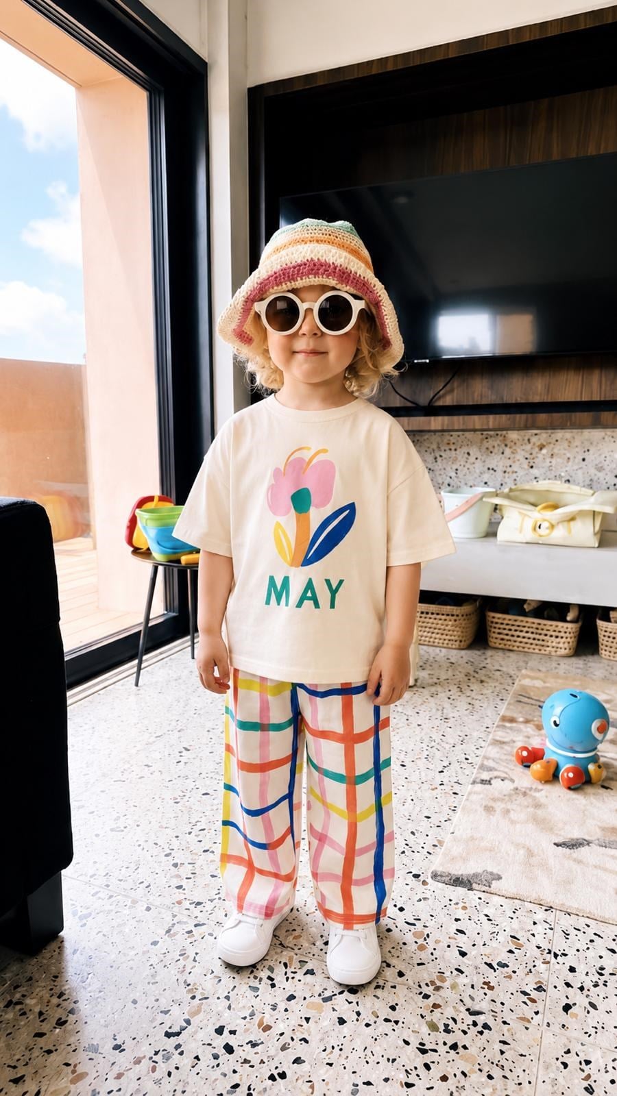 Kız Çocuk Kareli Müslin Pantolon Ön Arka Çiçek Desenli T-shirt